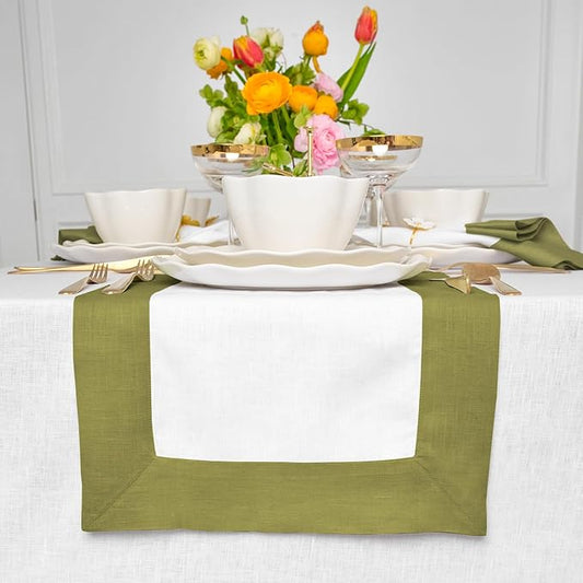 Solino Home Linen Table Runner 48 Inches - 100% Pure Linen Avocado and White Small Table Runner 14 x 48 Inch Ideal for Dresser and Coffee Tables - Winter - Contempo