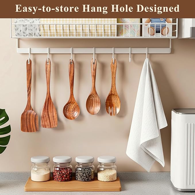 Wooden Spoons for Cooking, 12 Pcs Nonstick Wooden Cooking Utensils Set with Comfort Grip – 100% Natural Teak Wood - Sturdy, Lightweight & Heat Resistant Kitchen Utensils