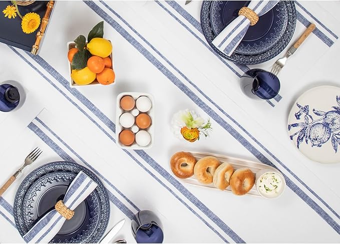 Solino Home Linen Table Runner 156 Inches Long - 100% Pure Linen Navy and White French Stripe Table Runner 14 x 156 Inch for Dining
