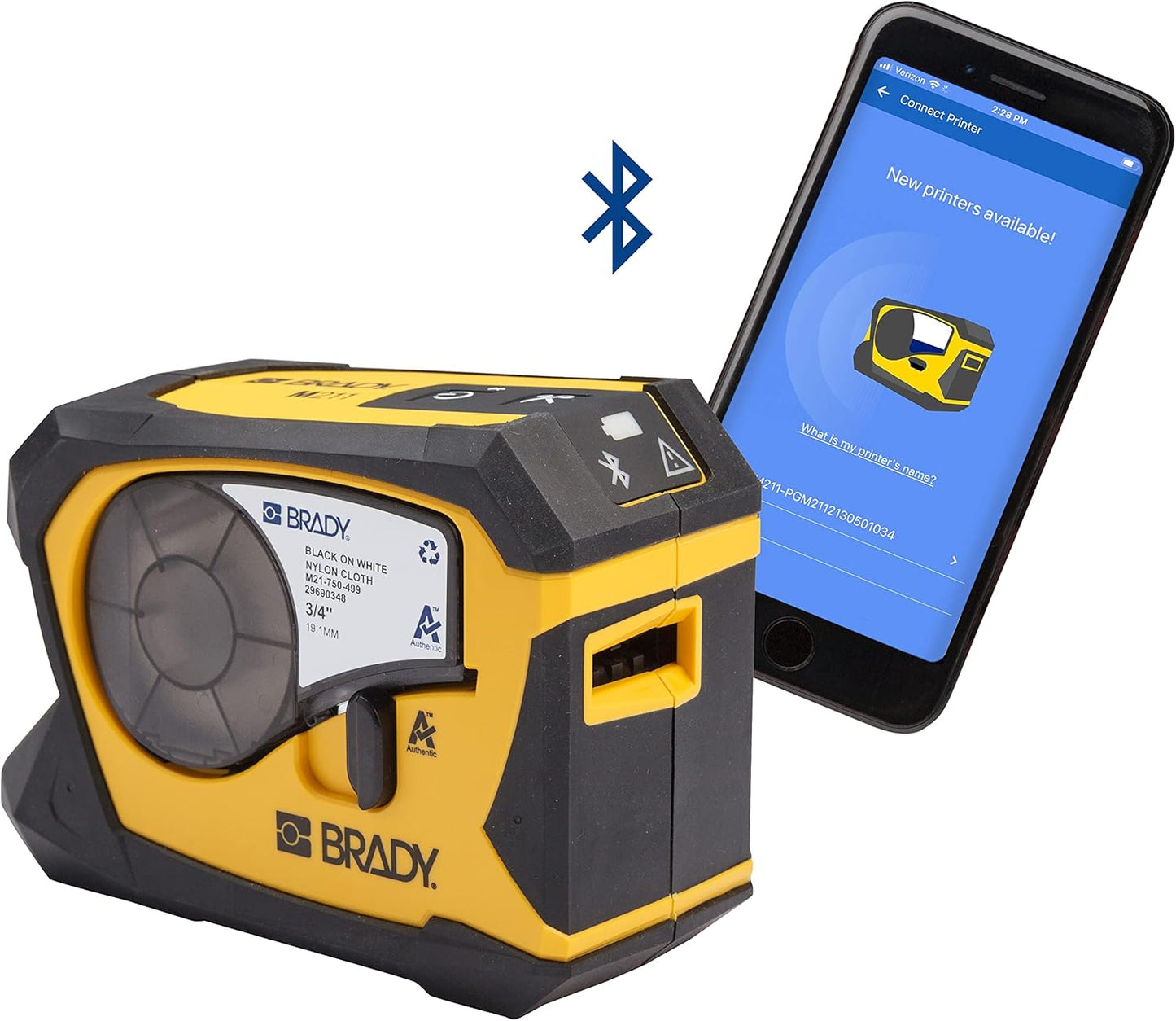 Brady M211 Portable Bluetooth Monochrome Label Printer & Authentic (M21-500-595-WT) All-Weather Vinyl Label for Indoor/Outdoor ID, Lab and Equipment Labeling, Black on White .5" W 21' L