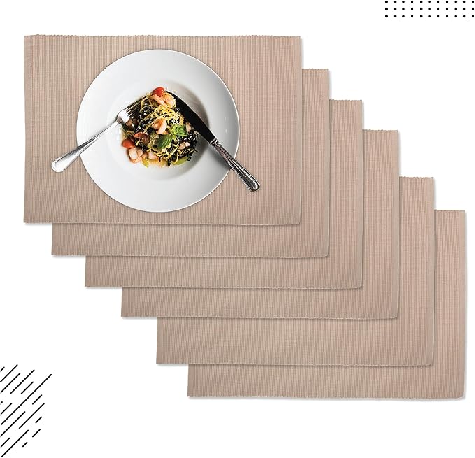 Encasa XO Dining Placemat Set of 6 | Solid Solid Beige Color | Fine Ribbed Cotton Table mat | Size 19x13 in |for Dining Table Fall Decoration, Holiday & Christmas Festivals - Machine Washable
