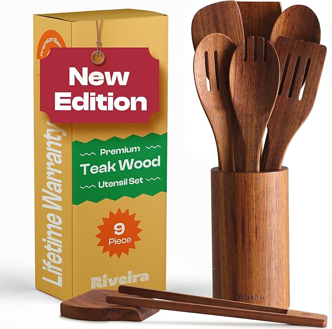 Riveira Teak Wooden Spoons for Cooking Set of 9 – Natural Teak Wooden Cooking Utensils, Wooden Spatula, Wooden Spoon - Premium Quality Utensil Set for Non-Toxic Cooking