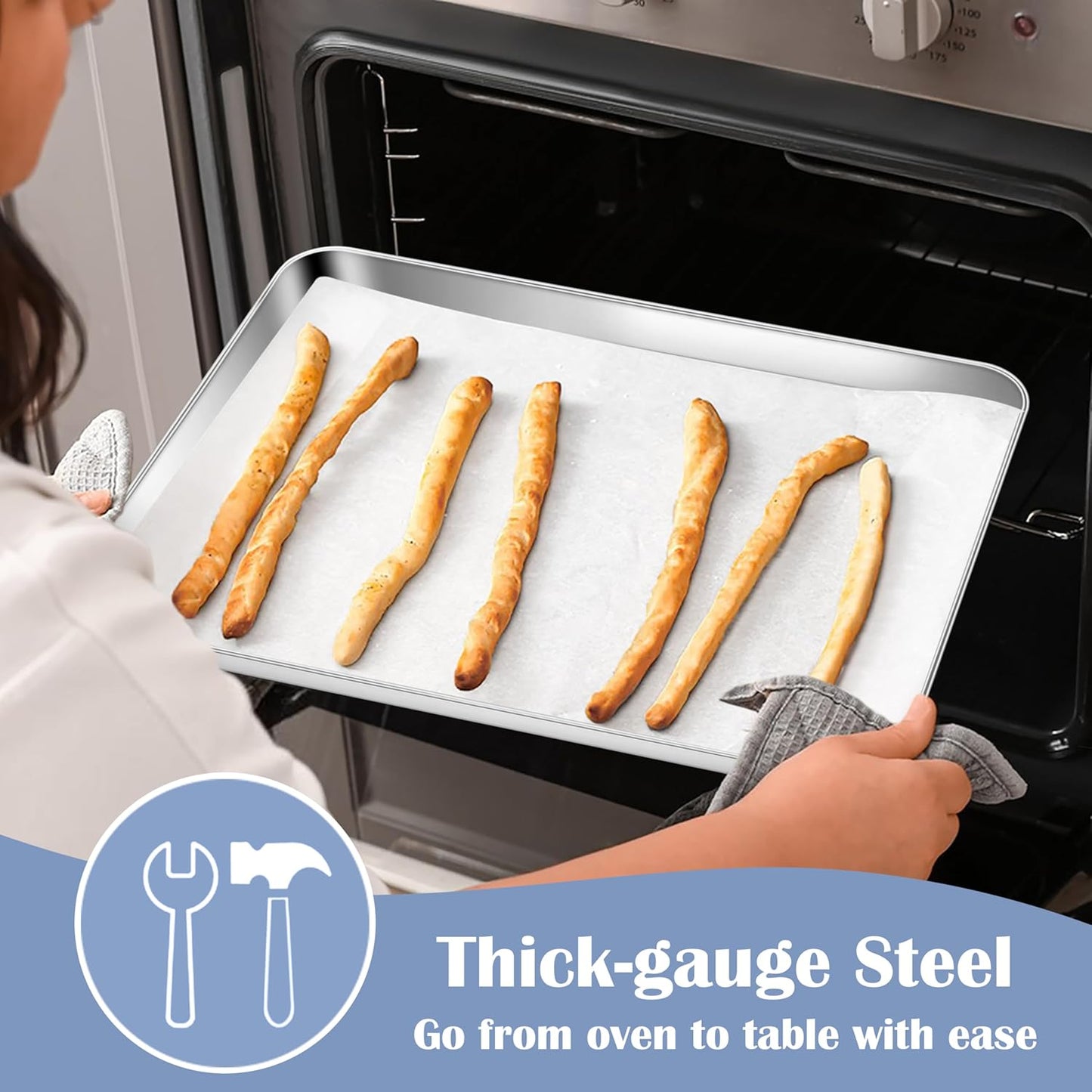 E-far Stainless Steel Baking Sheets, 12.4” x9.7” x 1” Baking Cookie Sheets Pans for Oven, Non-toxic Metal Trays for Cake Cookies, Healthy & Rust Free, Mirror Finish & Dishwasher Safe, 2 Pack