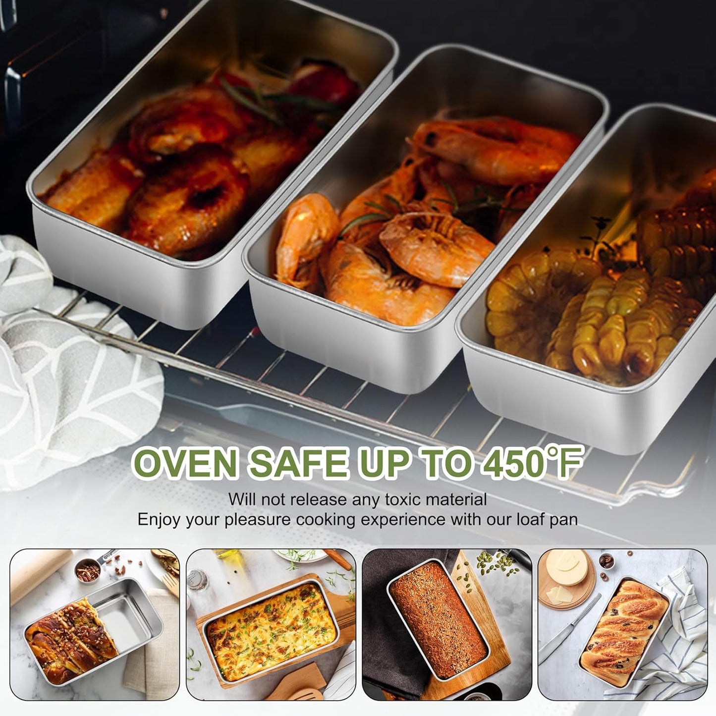 P&P CHEF Loaf Pan Set, 9 x 5 Inch Bread Pans, Stainless Steel Loaf Toast Baking Pans For Bread Meatloaf Lasagna Cake, Healthy & Non Toxic, Oven & Dishwasher Safe,(Silver, 4Pcs)