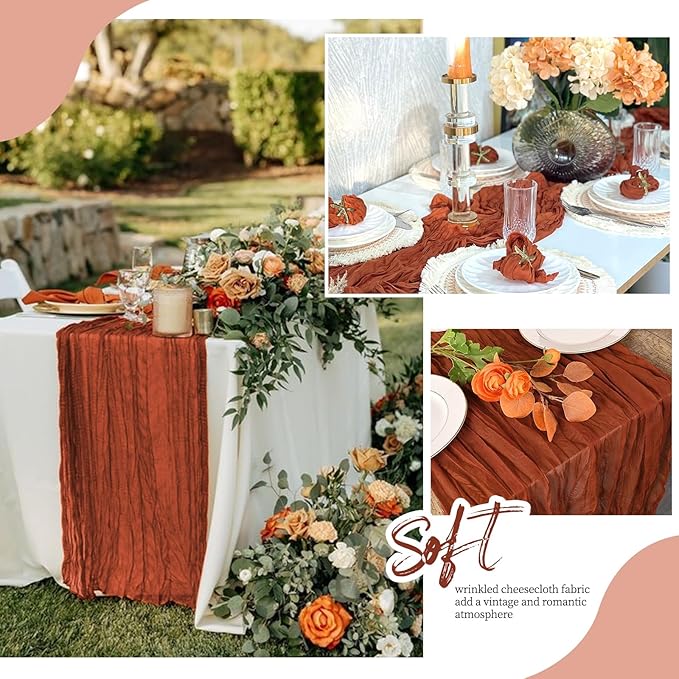 12 Pack Terracotta Cheesecloth Table Runner 17x108 Inch Semi Sheer Boho Gauze Cheese Cloth Fabric Table Runners, for Wedding Party Baby Shower Birthday Home Decor Garden Farmhouse