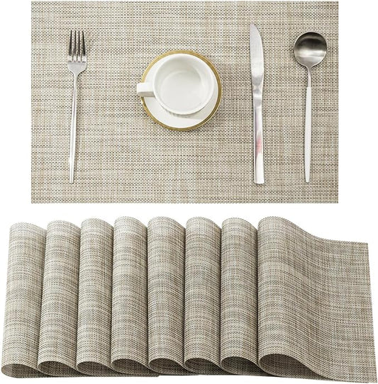 Leetaltree Linen Yellow Placemats Set of 8 - Heat Resistant Non-Slip Place mats for Dining Table, Washable Durable PVC Vinyl Woven Table Mats（Linen Yellow, 8）