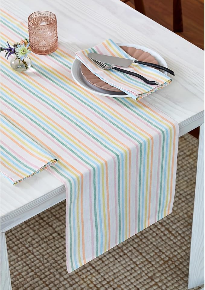 Solino Home Striped Linen Table Runner 144 Inches Long - Julia 100% Pure Linen Multicolor Muted Pastel Stripe Dining Table Runner 14 x 144 Inch