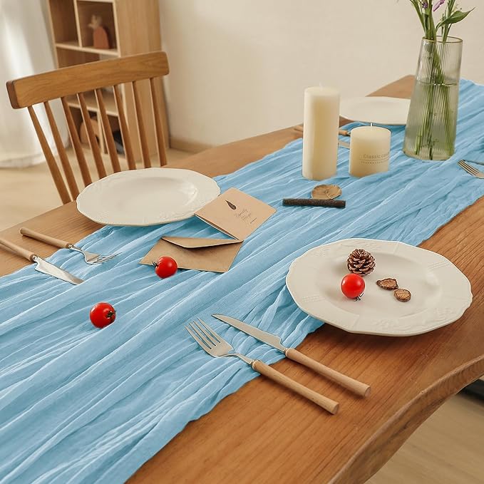 Leetaltree 10 Pack Blue Cheesecloth Runner, 35x120 Inch Boho Rustic Cheese Cloth for Table, Decorative Runners for Bridal Baby Shower or Wedding Decorations