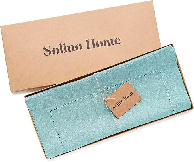 Solino Home Linen Aqua Blue Table Runner 156 Inches Long - 100% Pure Linen Extra Long Table Runner 14 x 156 Inch - Classic Hemstitch