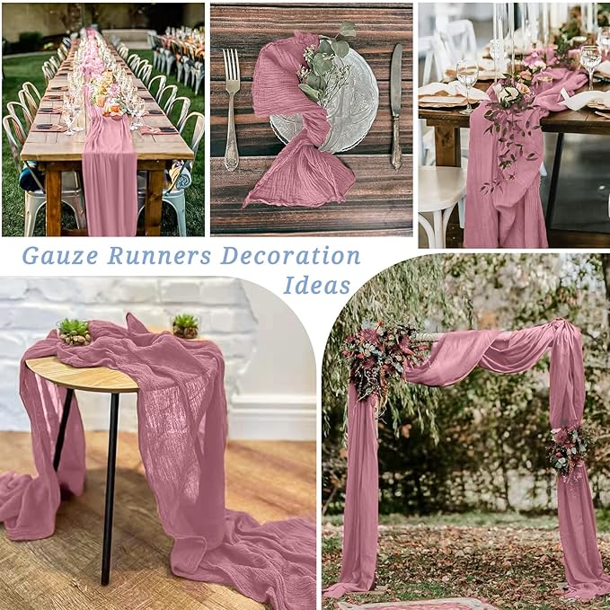 12 Pack 10Ft Dusty Rose Cheesecloth Table Runner 35 x 120 inch Boho Gauze Cheese Cloth Table Runner Vintage Rustic Sheer Runners for Wedding Bridal Shower Birthday Party Cake Table Decorations
