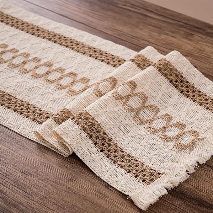 Niviy Boho Table Runner with Tassels 12 x 90 Inches Long, Cream & Brown Rustic Farmhouse Table Runner with Tassels for Home Kitchen Holiday Party and Wedding Decor Runner