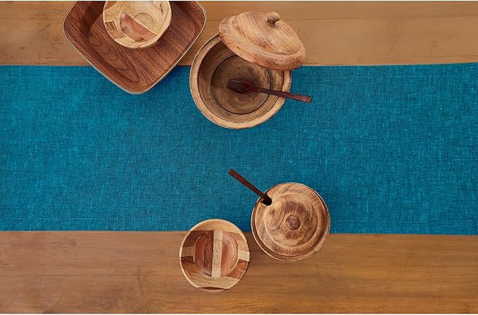 Solino Home Linen Table Runner 90 Inches Long - Athena, 100% Pure Linen Chambray Teal Table Runner 14 x 90 Inch for Dining