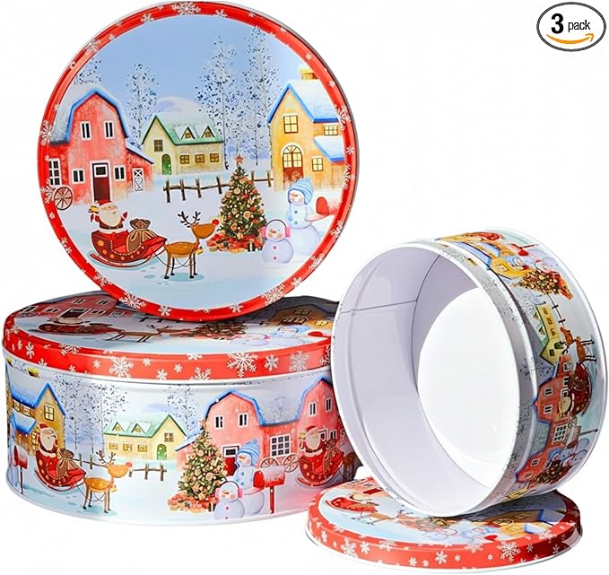 Pack of 3 Christmas Cookie Tins With Lids, Festive Holiday Cookie Tins for Treats & Gifts, Multipurpose Storage Container for Cookies, Snacks & More With Multicolor Christmas Wonderland Design