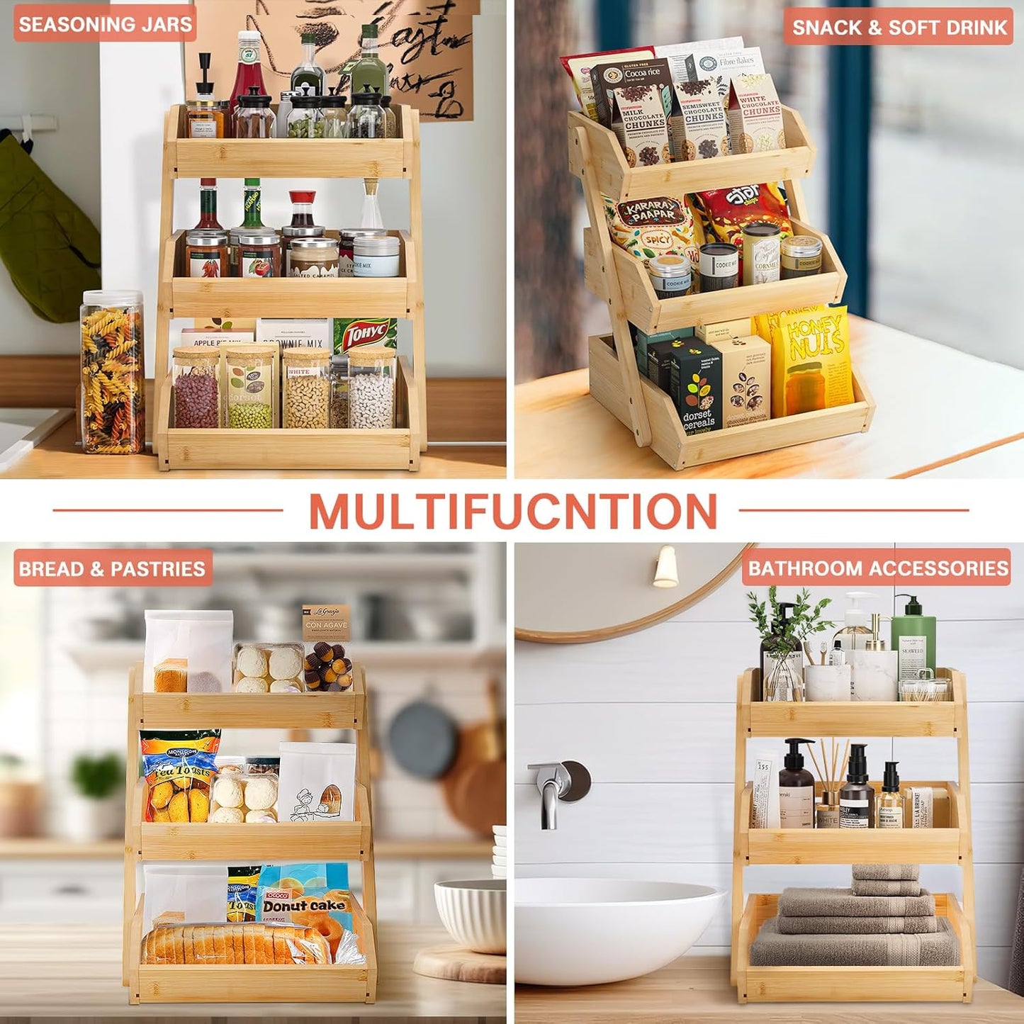 G.a HOMEFAVOR Bamboo Fruit Basket, Fruit Organizer for Kitchen Counter, Vegetable Storage Stand, 15 mm Thickness (Self-assembly)