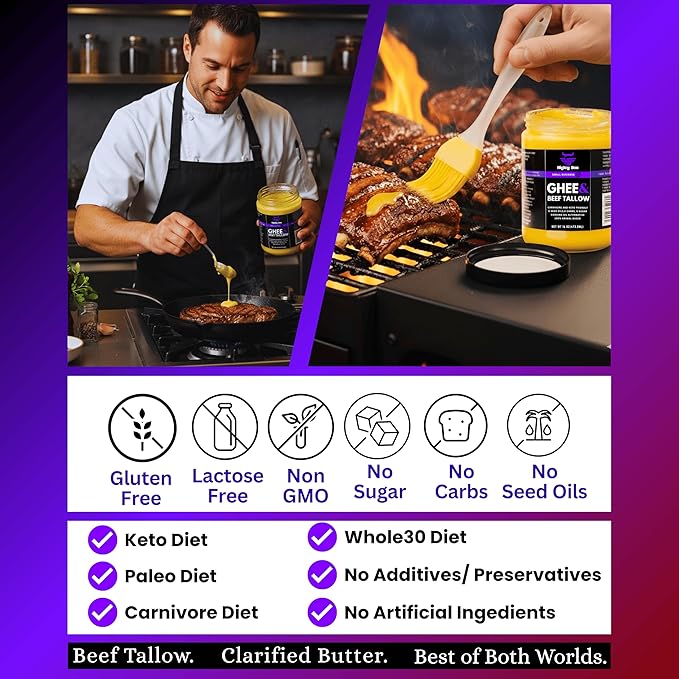 Higley Boo Premium Ghee & Beef Tallow for Cooking – 100% Animal-Based Cooking Oil | Keto, Carnivore & Paleo Friendly | Seed Oil Free | Zero Carbs, Zero Sugar | Gluten-Free, Lactose-Free | 16oz Jar