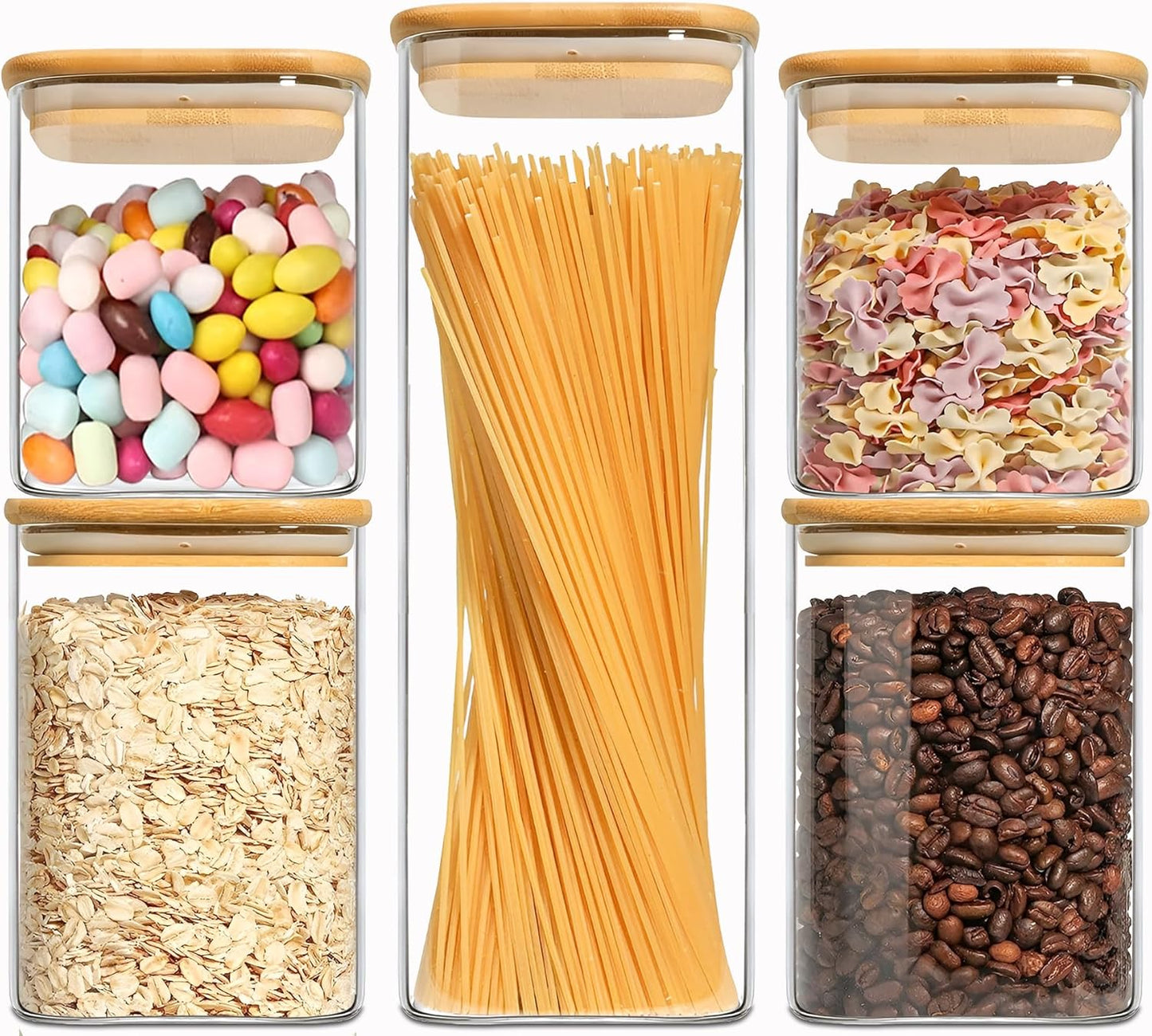 Food Storage Containers with Airtight Bamboo Lids Set of 5, Glass Canisters with Airtight Lids, Glass Food Storage Containers for Pasta, Oats, Coffee, Flour, Sugar, Best for Kitchen, Square