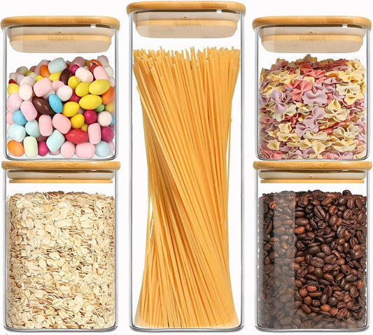 Food Storage Containers with Airtight Bamboo Lids Set of 5, Glass Canisters with Airtight Lids, Glass Food Storage Containers for Pasta, Oats, Coffee, Flour, Sugar, Best for Kitchen, Square