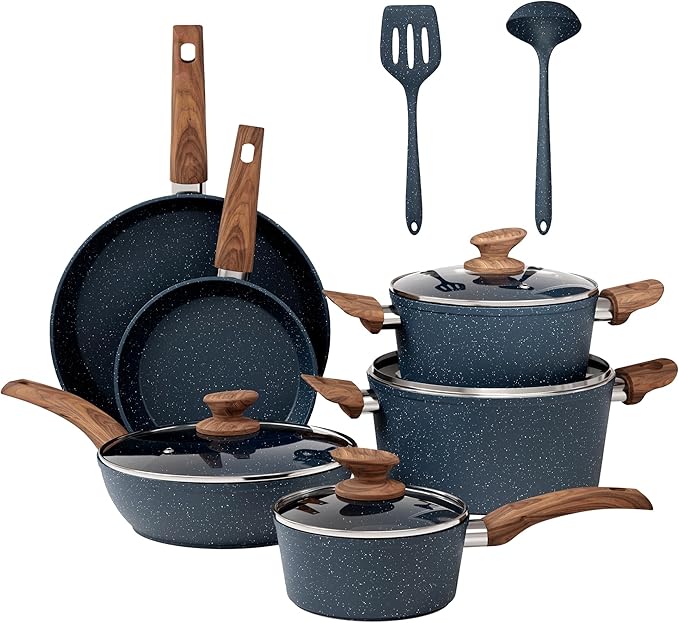 DisDelight Pots and Pans Set Non Stick, Nonstick Induction Granite Kitchen Cookware Sets, Induction Nonstick Granite Cooking Set, Induction Cookware Cooking Pan Set, Pan Sets for Cooking, Blue