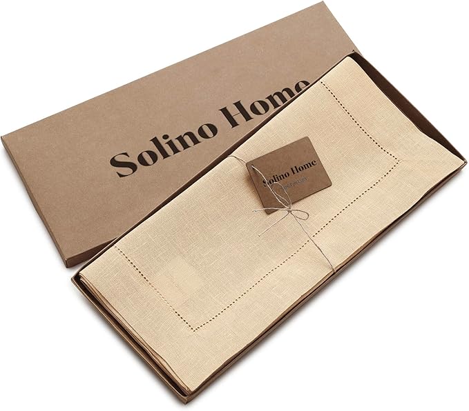Solino Home Linen Beige Table Runner 108 Inches Long - 100% Pure Linen 14 x 108 Inch Table Runner for Christmas, New Year - Classic Hemstitch