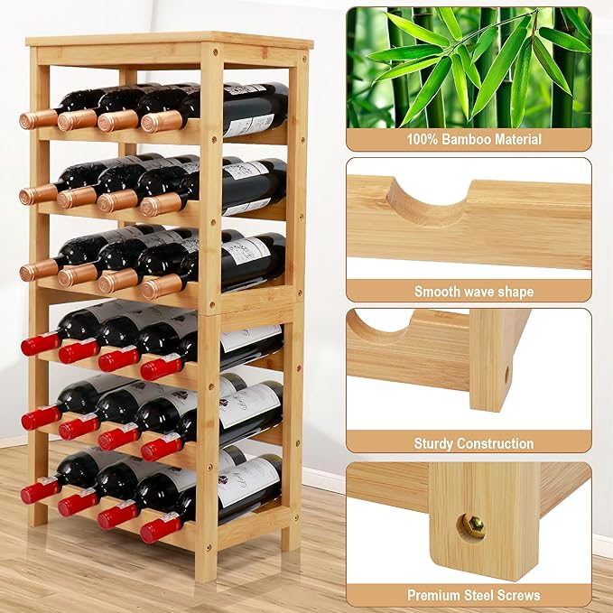 Wine Rack Free Standing Floor, 6-Tier 24 Bottles Display Wine Storage Shelves with Table Top, Easy-Assembly Freestanding Bamboo Wine Racks for Kitchen Dining Room Bar, Natural