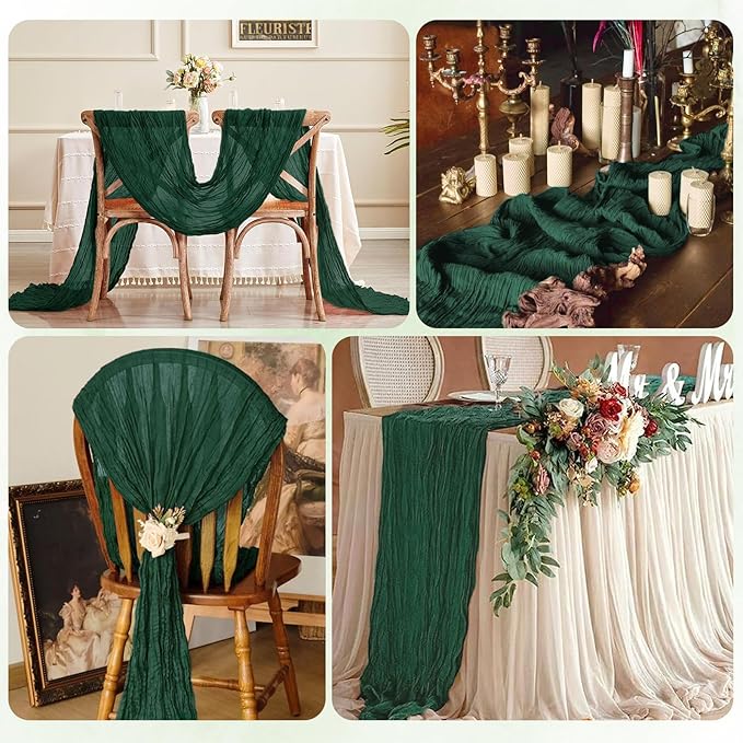 6 Pack Emerald Green Cheesecloth Table Runner 17x108 Inch Semi Sheer Boho Gauze Cheese Cloth Fabric Table Runners, for Wedding Party Baby Shower Birthday Home Decor Garden Farmhouse