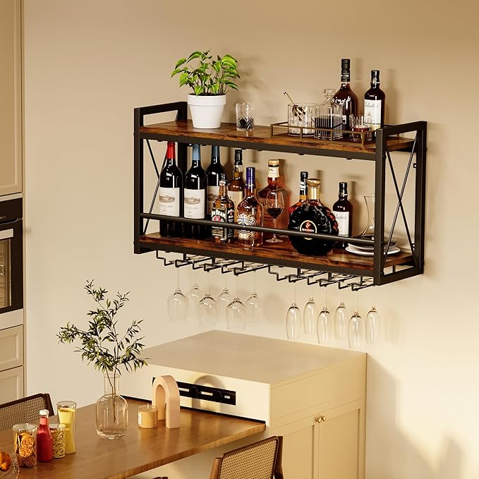 Homeiju Wall Mounted Wine Rack, Bottle & Glass Holder Wood-Metal Retro Wine Rack, Wine Bottles Display Wall Storage for Kitchen Dining Room Home Bar