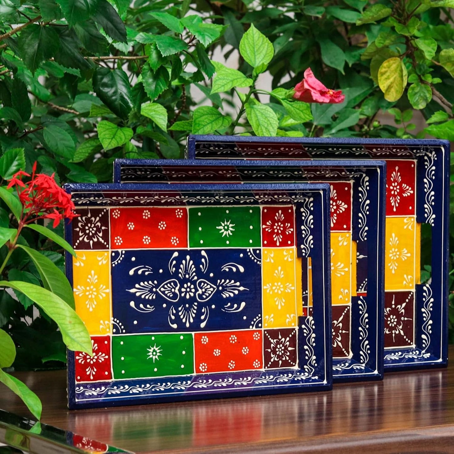 Swadeshi Blessings Wooden Serving Tray Set- Handcrafted & Hand-Painted for Kitchen/Table & Home Decor/Dinning/Gifts/Restaurants/Living Room/Coffee Table (Set of 3 Trays) (Blue)
