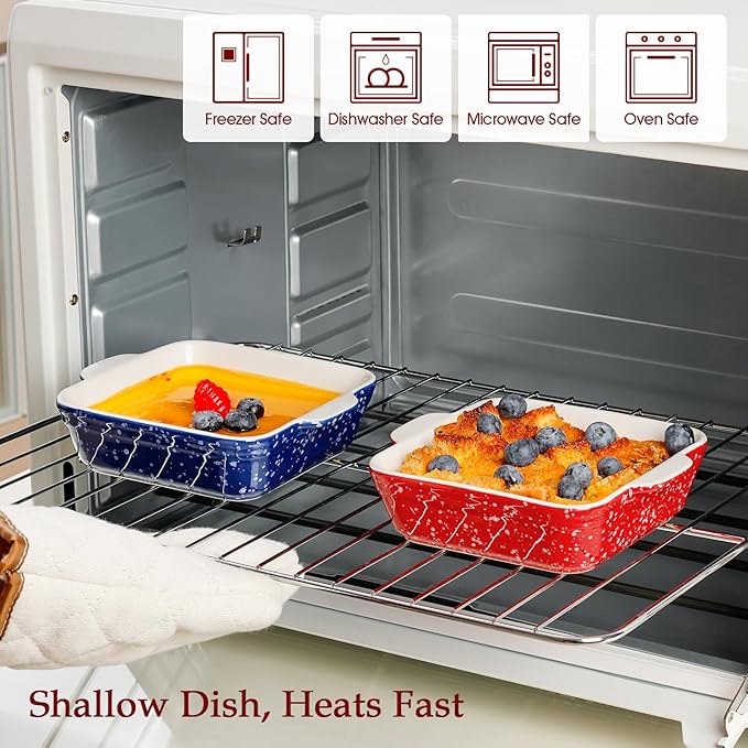 NUTRIUPS 13oz 5.9x5.9in Square Ceramic Baking Dish Set, 2-Pack Small Oven-Safe Baking Pan for Lasagna, Casserole - Bakeware for Baking & Serving (Red&Blue)