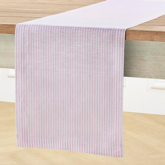 Solino Home Linen Table Runner 60 Inches - Narrow Stripe 100% Pure Linen Pink and White Farmhouse Table Runner 14 x 60 Inch Ideal for Dresser and Coffee Tables, Christmas