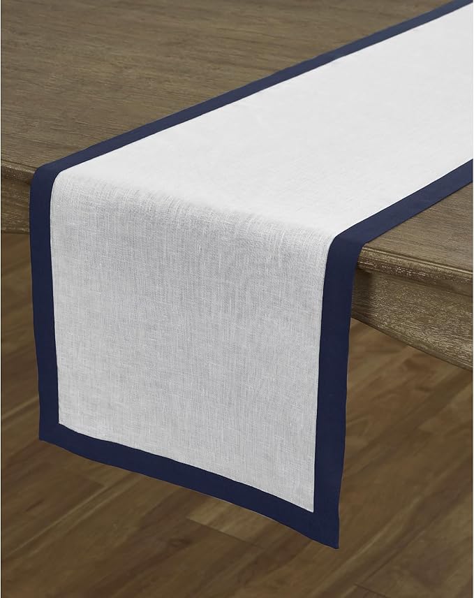 Solino Home Linen Table Runner 120 Inches Long - Navy and White 100% Pure Linen 14 x 120 Inch Table Runner for Dining, Christmas, Holiday, Winter, New Year - Classic