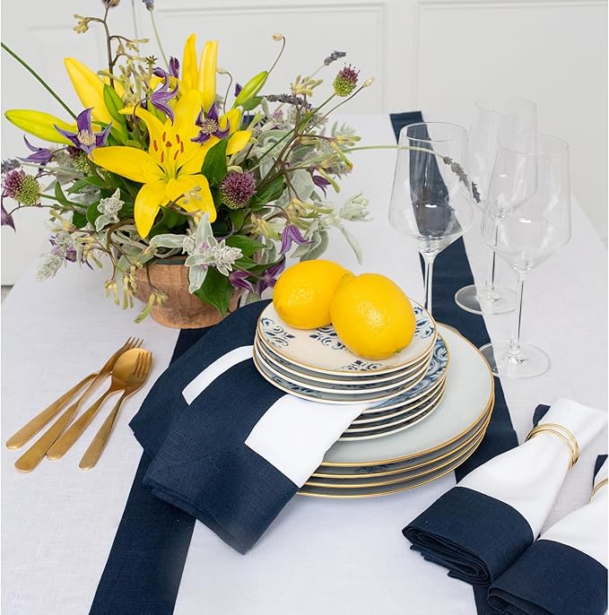 Solino Home Linen Table Runner 90 Inches Long - 100% Pure Linen Navy and White Table Runner 14 x 90 Inch for Christmas, Holiday, Winter, New Year - Contempo