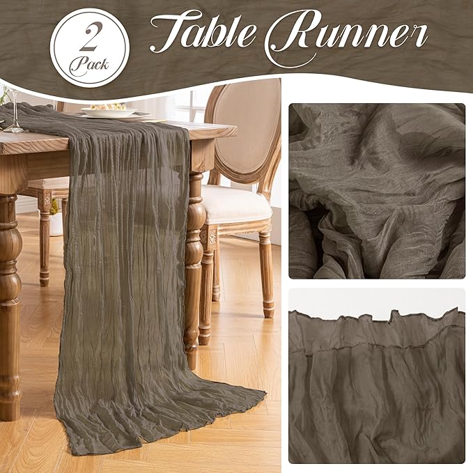 Leetaltree 2 Pack Taupe Cheesecloth Table Runner, 35x120 Inch Boho Rustic Cheese Cloth Table Runner, Decorative Table Runners for Bridal Baby Shower Decorations or Wedding Table Decorations