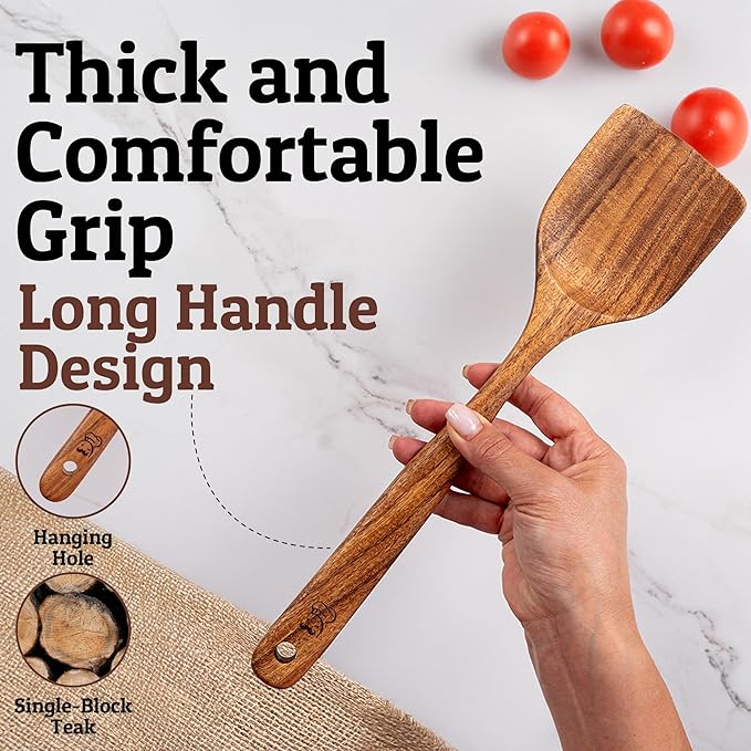 PriorityChef Wooden Wok Spatula - Teak Wood Stir Fry with Long Handle Wooden Spatula, Nonstick Safe and Hand-finished - Durable Cooking Utensil for Kitchen Use, Easy to Clean