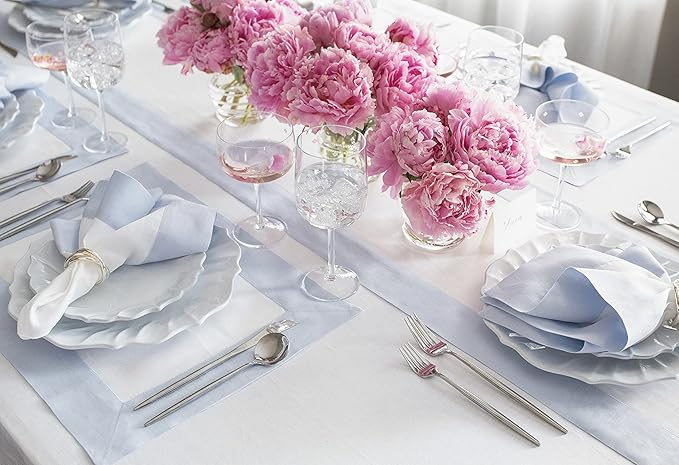 Solino Home Linen Table Runner 90 Inches Long - Light Blue and White 100% Pure Linen 14 x 90 Inch Table Runner for Dining, Winter, Christmas, New Year - Contempo