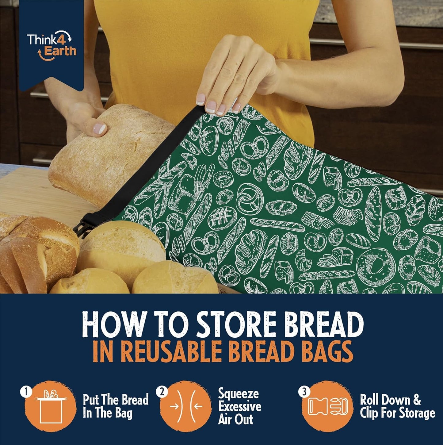 THINK4EARTH® Premium Brown Reusable Bread Bags for Homemade Bread – Durable & Washable (2 Pack)