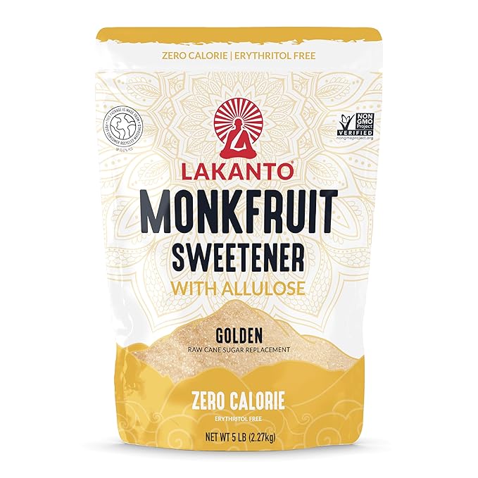 Lakanto Golden Monk Fruit Sweetener with Allulose - Raw Cane Sugar Substitute, Erythritol Free, Sweetener for Coffee, Tea, Baking, Gluten Free, Vegan, Keto Friendly, Sugar Replacement (Golden - 5 lb)