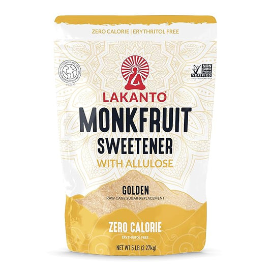 Lakanto Golden Monk Fruit Sweetener with Allulose - Raw Cane Sugar Substitute, Erythritol Free, Sweetener for Coffee, Tea, Baking, Gluten Free, Vegan, Keto Friendly, Sugar Replacement (Golden - 5 lb)