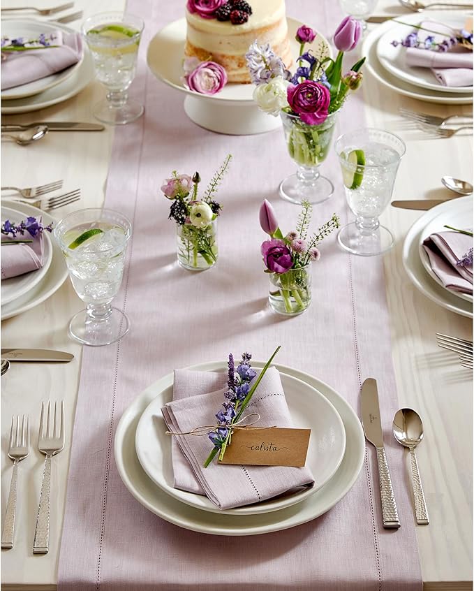 Solino Home Linen Lilac Table Runner 90 Inches Long - 100% Pure Linen Hemstitch 14 x 90 Inch Table Runner for Dining, Christmas, New Year - Classic Hemstitch