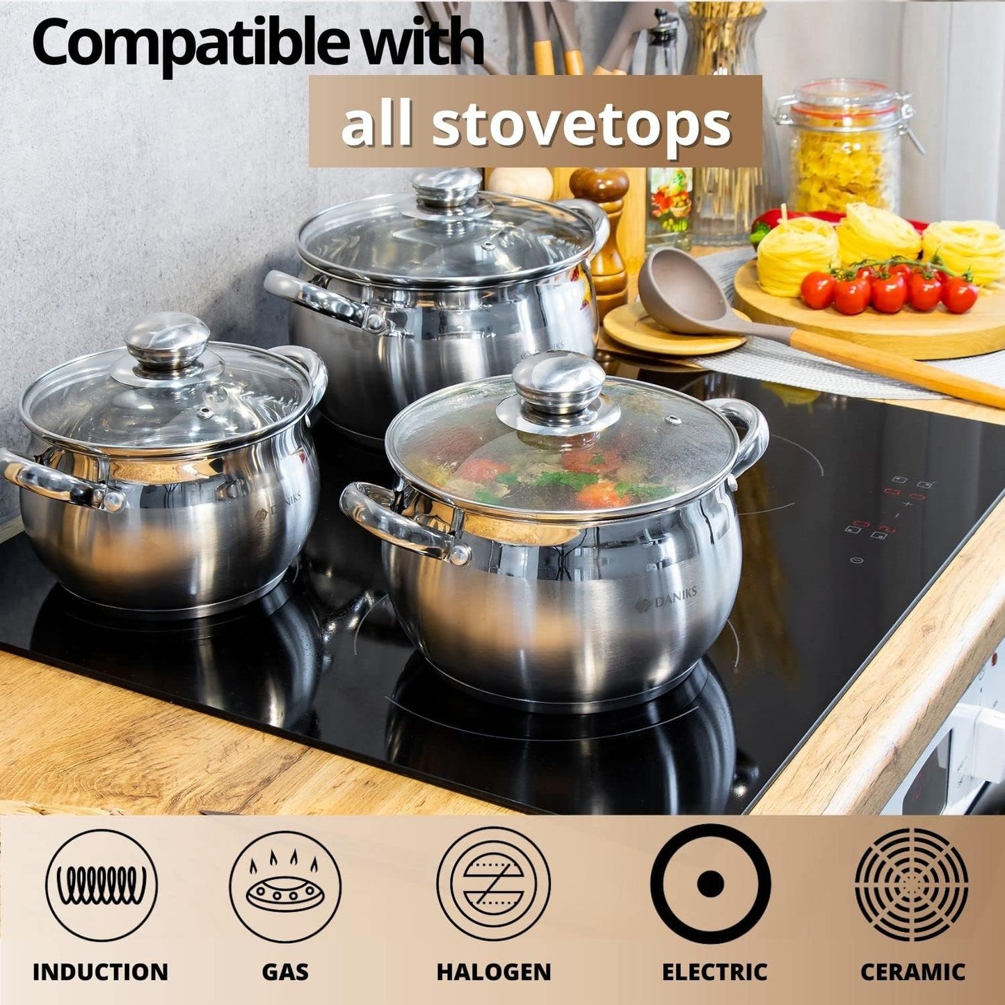 Daniks Classic Frying Pan Included, 12-Piece Stainless Steel Induction Cookware Set – Dishwasher Safe Pots and Saucepan with Lids, Measuring Scale, Silver
