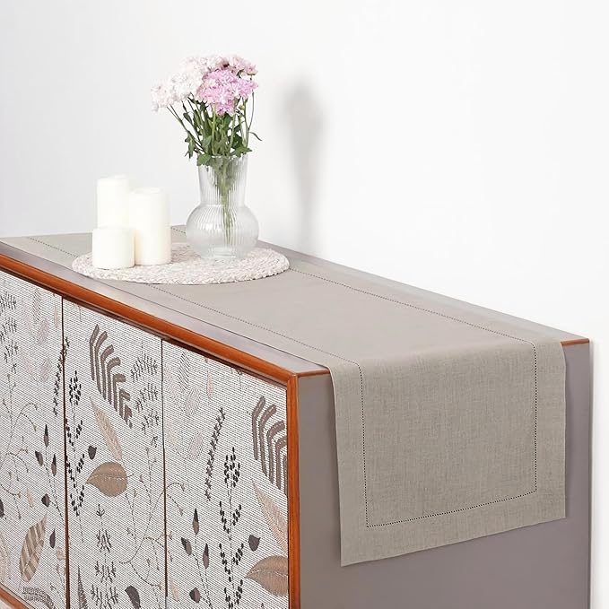 D'Moksha Homes Linen Natural Table Runner 108 Inches Long - 100% Pure Linen 14 x 108 Inch Table Runner for Winter, Christmas, Holiday, New Year - Classic Hemstitch