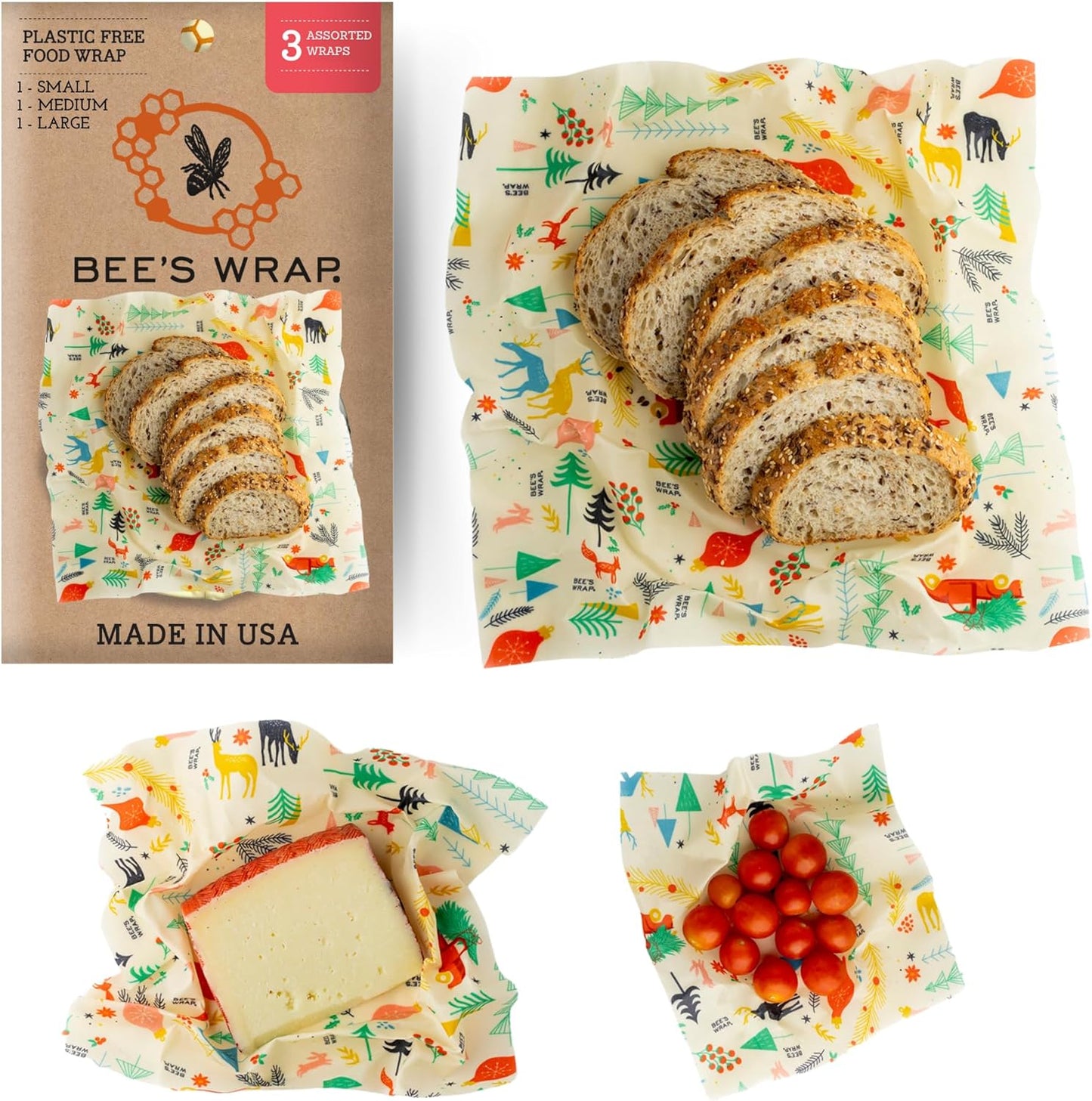 Bee's Wrap Beeswax Wraps for Food - Winter Wonderland 3 Pack (S, M, L) Made in USA Reusable & Organic Food Wraps, Sandwich Wrap & Bowl Covers - Eco-Friendly Alternative to Aluminum Foil & Plastic Wrap