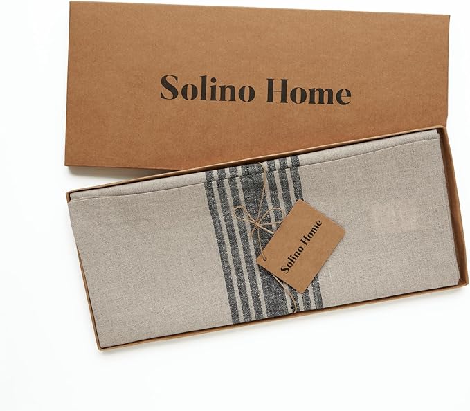 Solino Home Linen Table Runner 90 Inches Long - 100% Pure Linen Black and Natural Farmhouse Table Runner 14 x 90 Inch for Dining