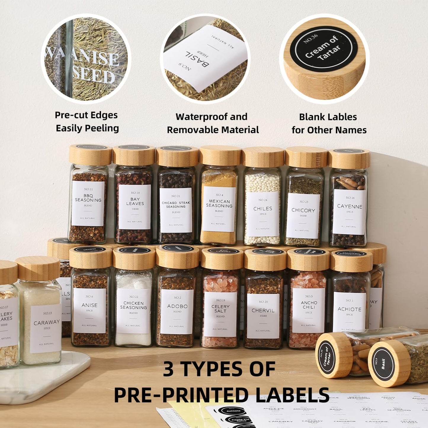 4 oz Glass Spice Jars with Bamboo Lids, Clear Empty Jars with Labels Stickers, Collapsible Funnel, Seasoning Storage Bottles for Spice Racks (36 Pack)