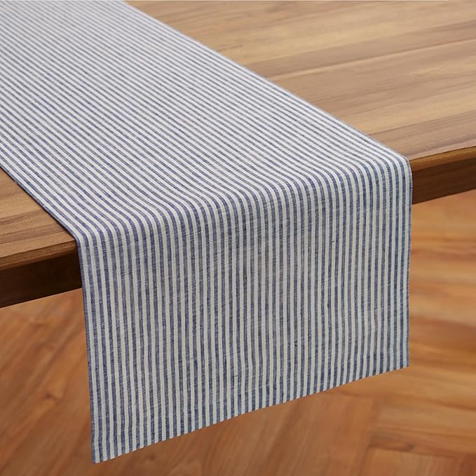 Solino Home Linen Striped Table Runner 108 Inches Long - Narrow Stripe 100% Pure Linen Navy and White Dining Table Runner 14 x 108 Inch for Christmas, New Year