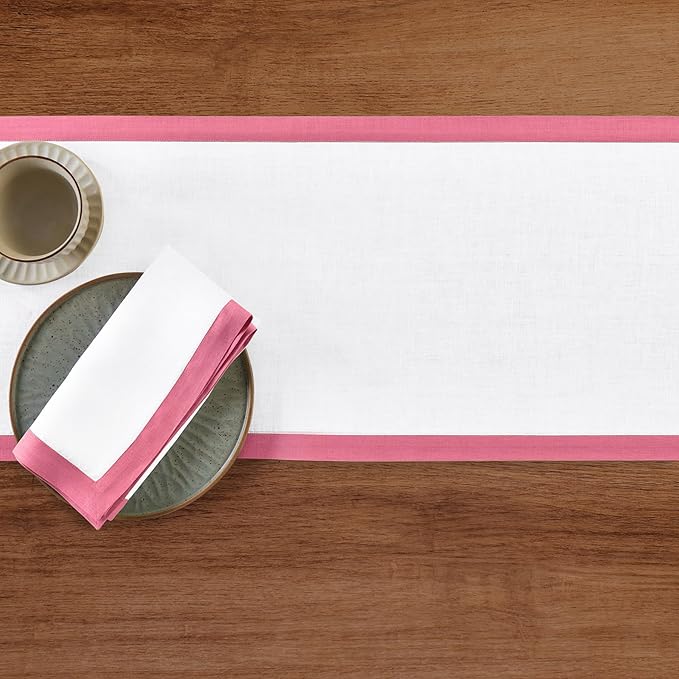 Solino Home Linen Table Runner 36 Inches - 100% Pure Linen Pink Carnation and White Short Table Runner 14 x 36 Inch Ideal for Dresser and Coffee Tables - New Year, Christmas - Classic