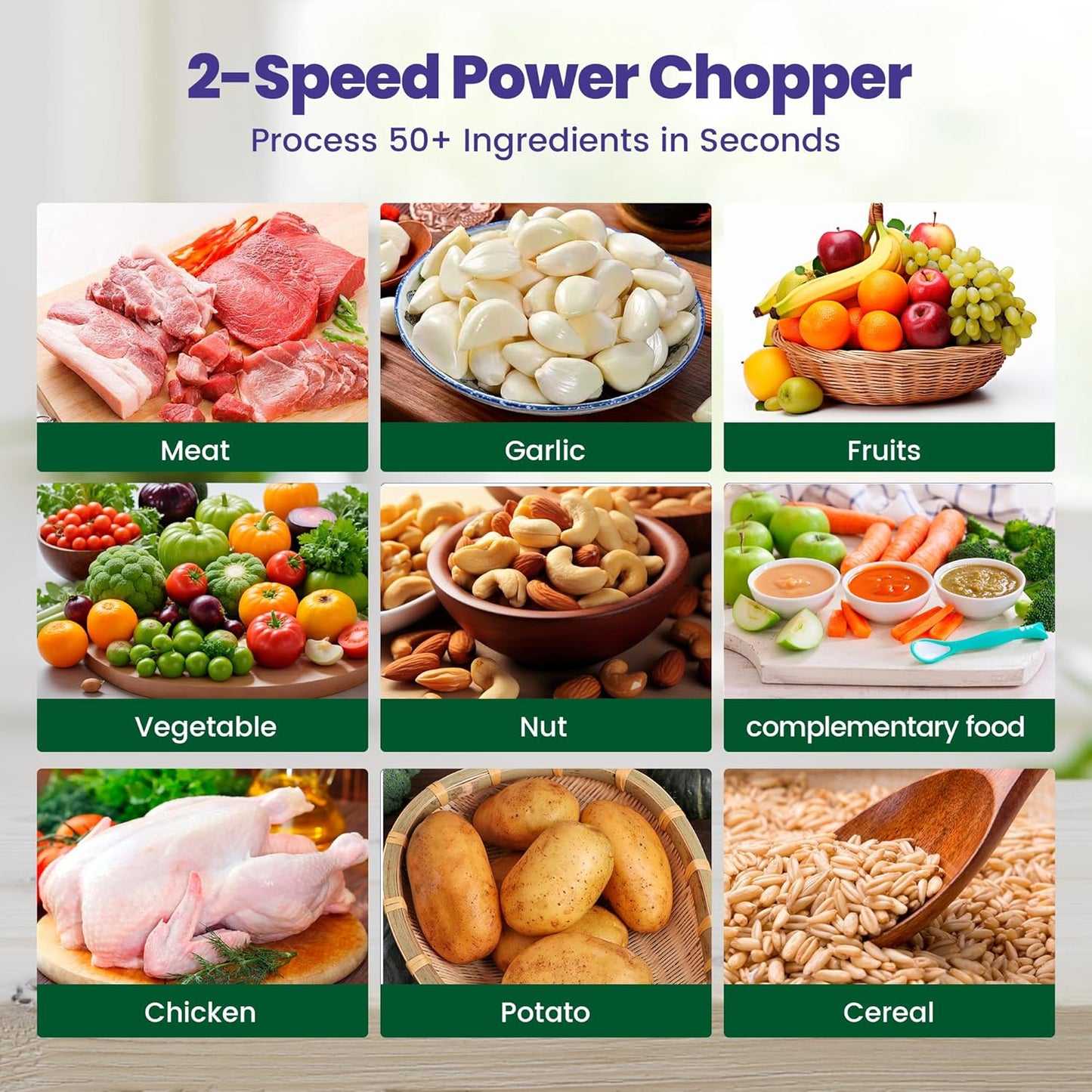 Electric food processor vegetable chopper 500W 2x8cup bowls 2 bi-layer 4 blades Small Food chopper Electric Meat grinder for home use,Mincing, and Puree for kitchen aid, baby foot, pet food by BUMET