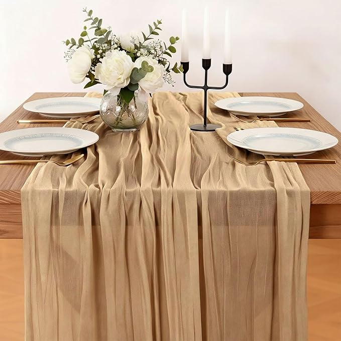 Cheesecloth Table Runner Champagne, Boho Rustic Cheesecloth Gauze, 35x120 Inches Champagne Cheese Cloth Runner for Weddings, Thanksgiving, and Party Decor, 1 Pack