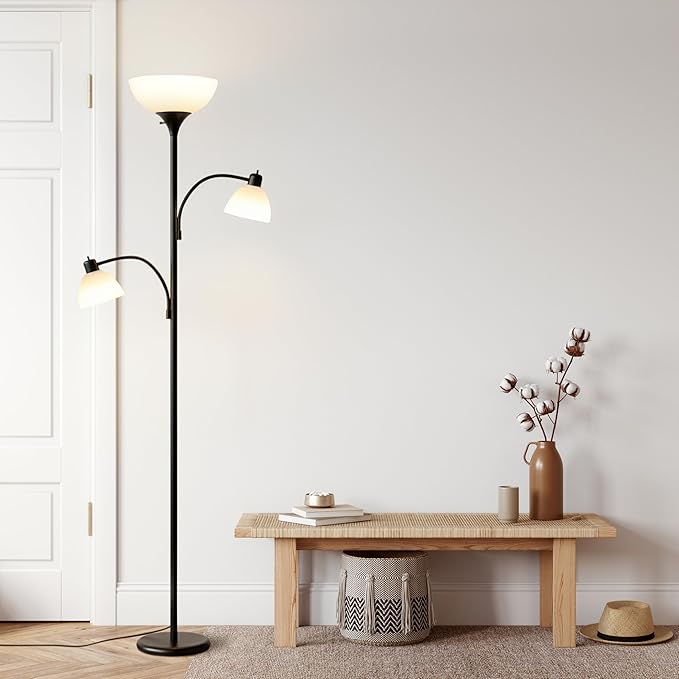 Brightech Sky Dome Double LED Floor Lamp, Torchiere Super Bright Floor Lamp with 2 Reading Lamps for Living Rooms & Offices - Dimmable Tall Standing Lamp for Bedroom Reading - Tall Black Pole