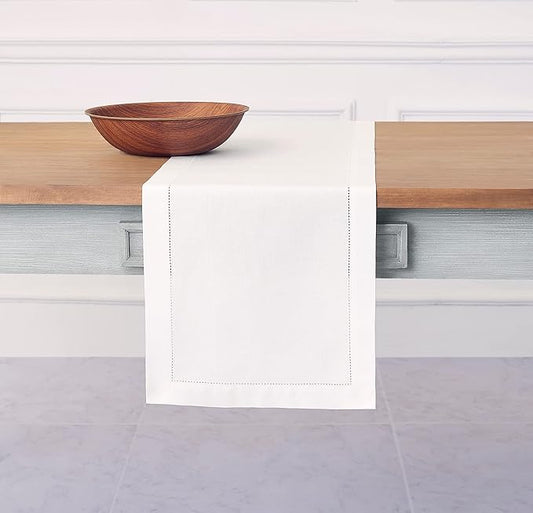 Solino Home White Table Runner 120 Inches Long - Cotton Linen Hemstitch 14 x 120 Inch Table Runner for Dining, Winter, Christmas, Holiday, New Year