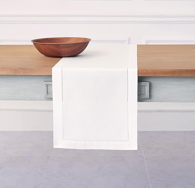 Solino Home White Table Runner 48 Inches - Cotton Linen Hemstitch Coffee Table Runner 14 x 48 Inch Ideal for Dresser Tables - Winter, Christmas, Holiday, New Year